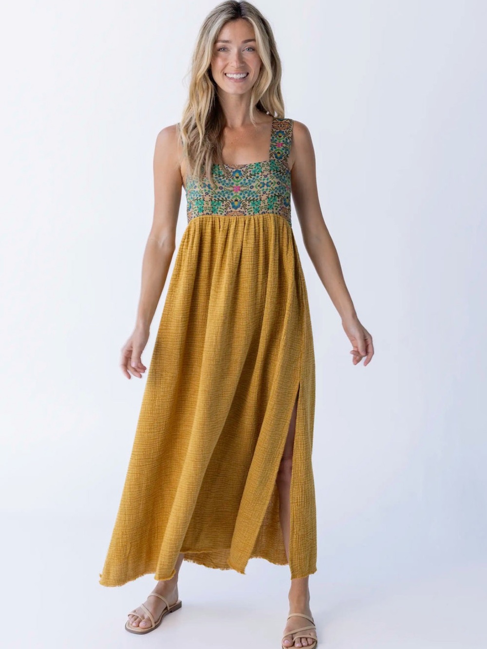 NWT Natural Life Patti Side Slit Maxi Dress Large Mustard Floral Boho